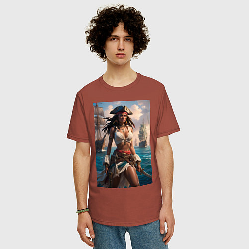 Мужская футболка оверсайз Пиратка на фона флотилии кораблей / Кирпичный – фото 3