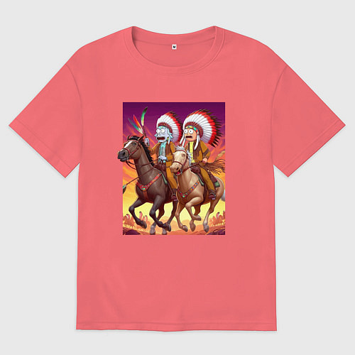 Мужская футболка оверсайз Индейцы Рик и Морти скачут на лошадях / Коралловый – фото 1