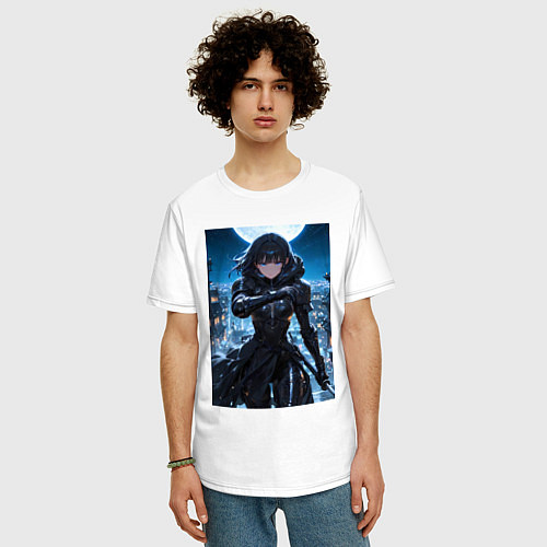 Мужская футболка оверсайз Девушка в доспехах на фоне луны - аниме рыцарь / Белый – фото 3