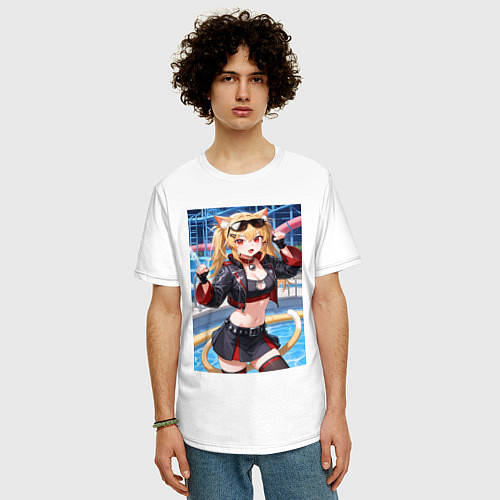 Мужская футболка оверсайз Burnice White с кошачьими ушками в позе кошки / Белый – фото 3