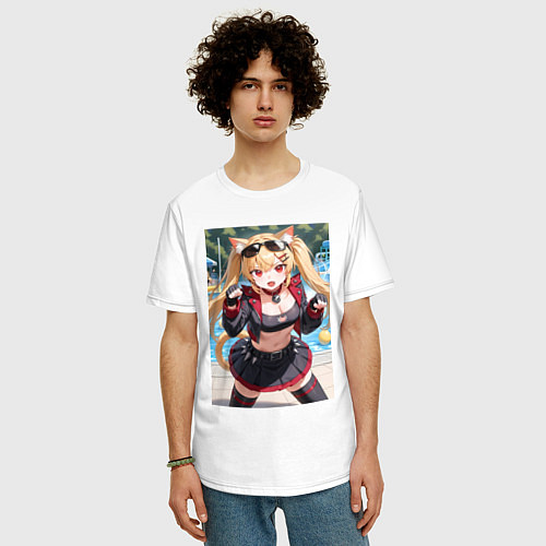 Мужская футболка оверсайз Burnice White с кошачьими ушками в позе кошки / Белый – фото 3