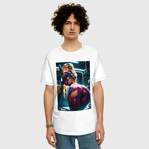 Мужская футболка оверсайз Девушка с оружием в киберпанк стиле / Белый – фото 3