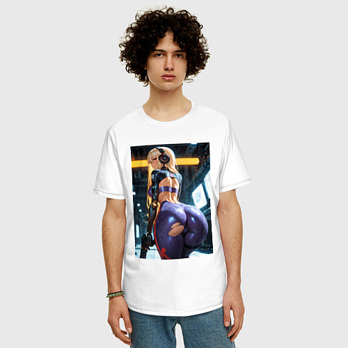 Мужская футболка оверсайз Девушка с оружием в киберпанк стиле / Белый – фото 3
