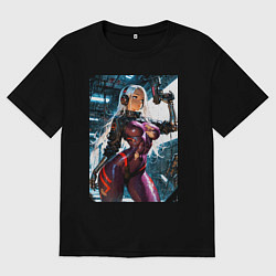 Футболка оверсайз мужская Девушка с оружием в киберпанк стиле, цвет: черный