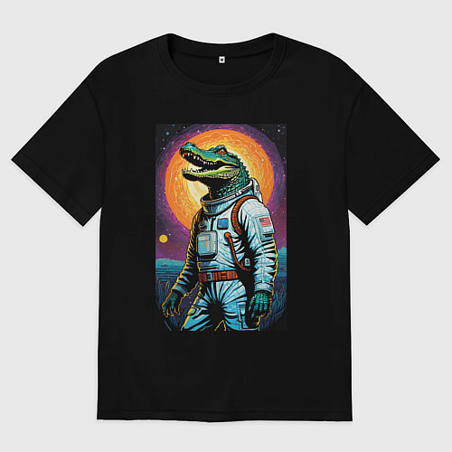 Мужская футболка оверсайз Крокодил бравый космонавт - нейроарт / Черный – фото 1