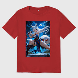 Футболка оверсайз мужская Лисица с катаной на фоне Луны, цвет: красный