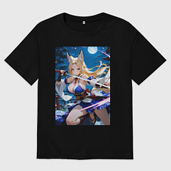 Футболка оверсайз мужская Лисица с катаной на фоне Луны, цвет: черный