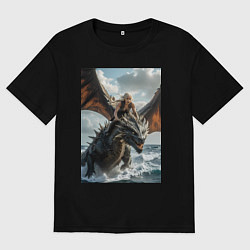 Футболка оверсайз мужская Девушка летит на драконе в стиле Игры престолов, цвет: черный