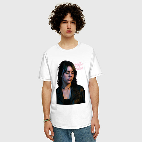Мужская футболка оверсайз Билли Айлиш смотрит вниз / Белый – фото 3