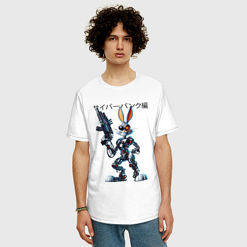 Мужская футболка оверсайз Киборг Багз Банни с оружием - нейроарт фантазия / Белый – фото 3
