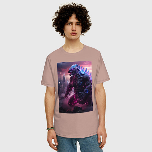 Мужская футболка оверсайз Годзилла посреди мегаполиса / Пыльно-розовый – фото 3
