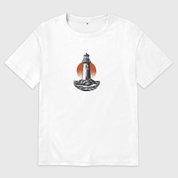 Футболка оверсайз мужская Маяк на фоне заходящего солнца, цвет: белый