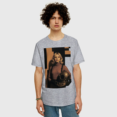 Мужская футболка оверсайз Девушка водолаз ретро-футуризм поп-арт 1970-е / Меланж – фото 3