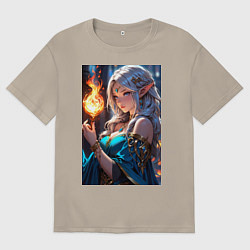Футболка оверсайз мужская Прекрасная эльфийка-маг с шаром огня, цвет: миндальный