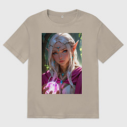 Футболка оверсайз мужская Прекрасная эльфийка с магической сферой, цвет: миндальный