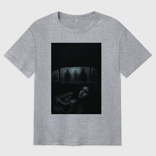 Мужская футболка оверсайз Девушка прячется в машине ужасы триллер / Меланж – фото 1