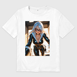 Футболка оверсайз мужская Черная кошка в комнате, цвет: белый