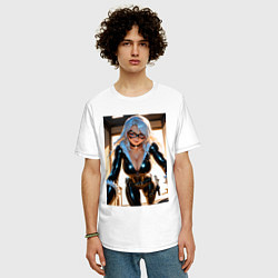 Футболка оверсайз мужская Черная кошка в комнате, цвет: белый — фото 2