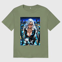 Футболка оверсайз мужская Черная кошка на крыше, цвет: авокадо