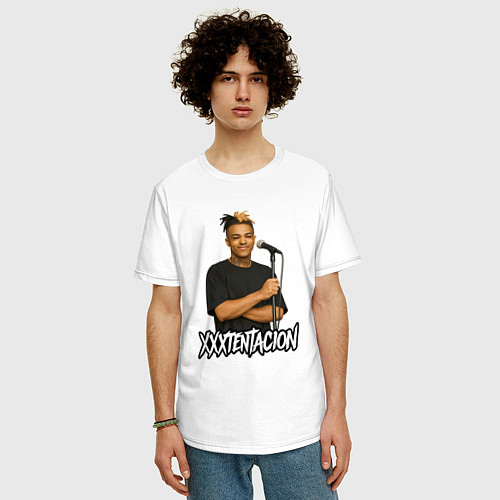 Мужская футболка оверсайз XXXTentacion довольный у микрофона / Белый – фото 3