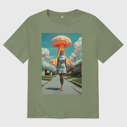 Футболка оверсайз мужская Девушка в костюме монашки уходит от взрыва, цвет: авокадо