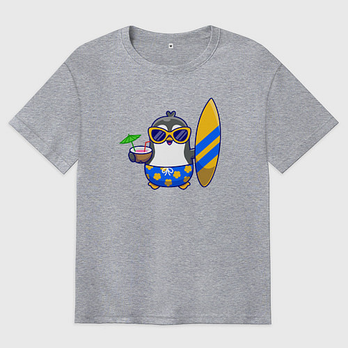 Мужская футболка оверсайз Пингвин серфер / Меланж – фото 1