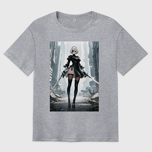 Мужская футболка оверсайз Девушка-андроид с катанами посреди руин / Меланж – фото 1