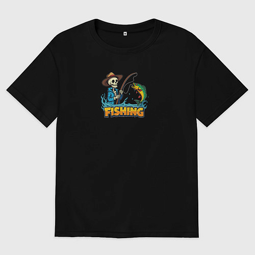 Мужская футболка оверсайз Скелет со спиннингом на рыбалке / Черный – фото 1