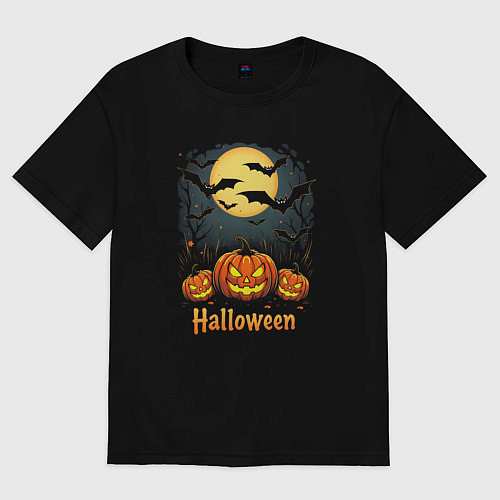 Мужская футболка оверсайз Halloween: moon and pumpkins / Черный – фото 1