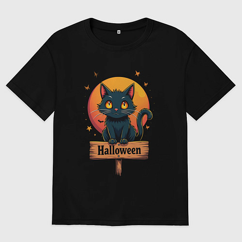 Мужская футболка оверсайз Halloween cat on sign / Черный – фото 1