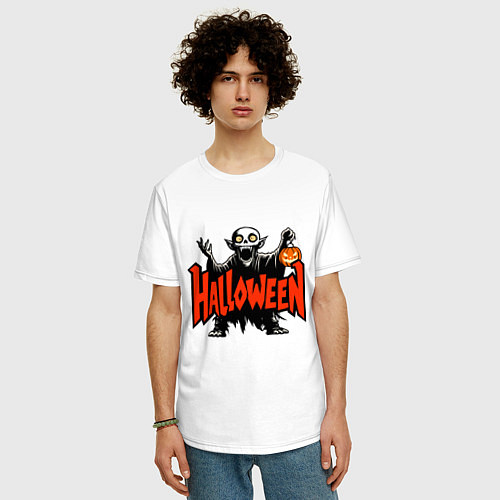 Мужская футболка оверсайз Вампир с надписью halloween / Белый – фото 3