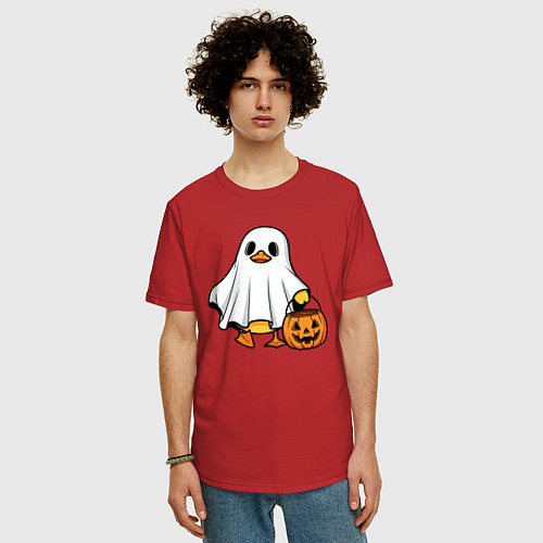 Мужская футболка оверсайз Утенок в костюме приведения - Хэллоуин / Красный – фото 3