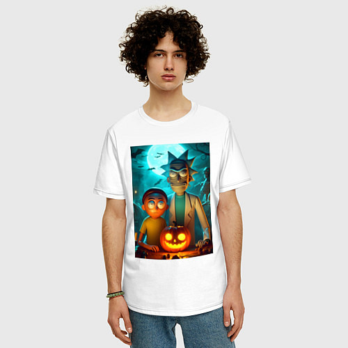 Мужская футболка оверсайз Rick and Morty with pumpkin - halloween night / Белый – фото 3