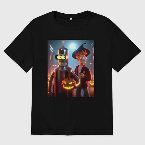 Мужская футболка оверсайз Бендер и Фрай в шляпе - ночь на хэллоуин / Черный – фото 1