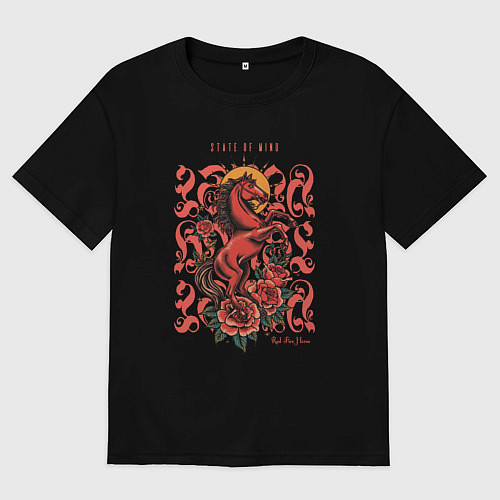 Мужская футболка оверсайз Красный огненный конь на закате с розами тату / Черный – фото 1