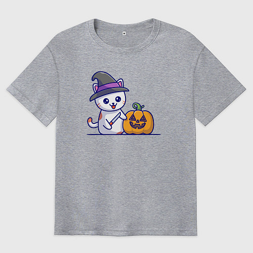 Мужская футболка оверсайз Cat pumpkin / Меланж – фото 1