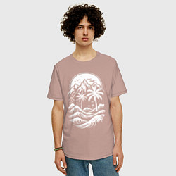 Футболка оверсайз мужская Тропический закат: горы, пальмы и море, цвет: пыльно-розовый — фото 2