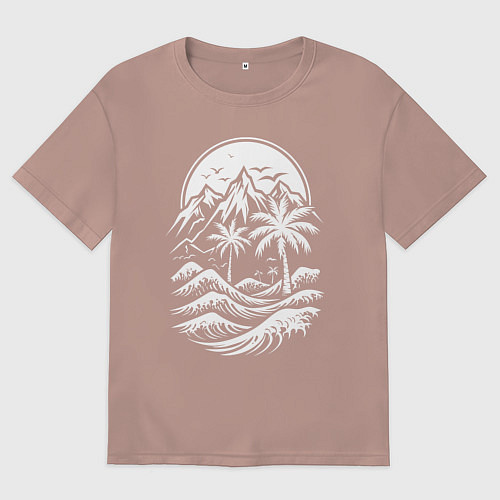 Мужская футболка оверсайз Тропический закат: горы, пальмы и море / Пыльно-розовый – фото 1