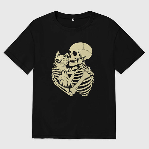 Мужская футболка оверсайз Скелет и котёнок / Черный – фото 1