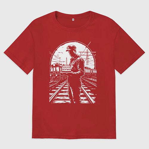 Мужская футболка оверсайз Железнодорожник с тортом / Красный – фото 1