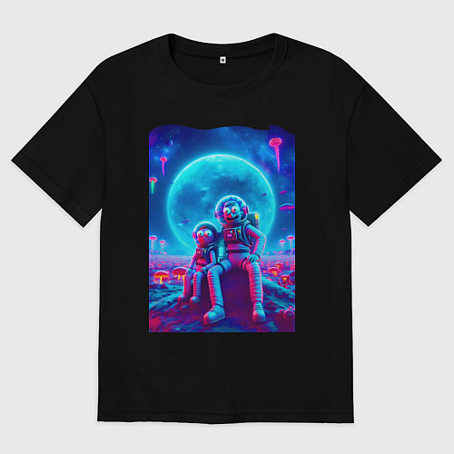 Мужская футболка оверсайз Морти и Рик на неоновой планете / Черный – фото 1