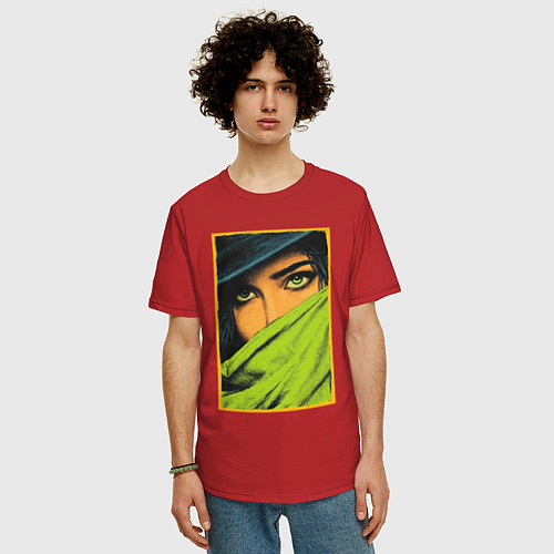 Мужская футболка оверсайз Зелёные глаза: пленительный взгляд в стиле поп-арт / Красный – фото 3