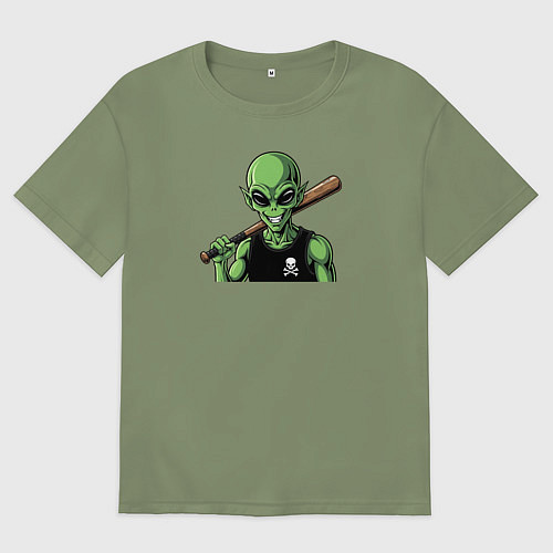 Мужская футболка оверсайз Зеленый пришелец с битой / Авокадо – фото 1
