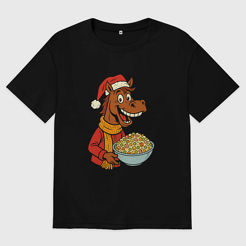 Мужская футболка оверсайз Конь с оливье / Черный – фото 1