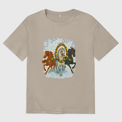 Футболка оверсайз мужская Новогодняя тройка лошадей, цвет: миндальный