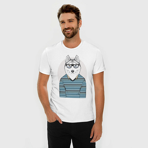 Мужская slim-футболка Хаски в свитере / Белый – фото 3