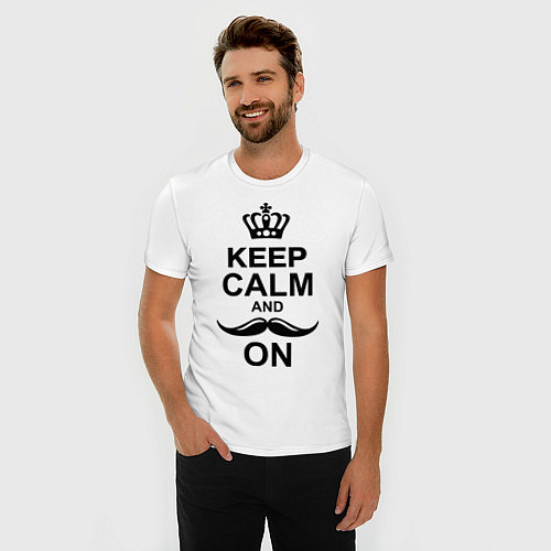 Мужская slim-футболка Keep Calm & Mustache On / Белый – фото 3