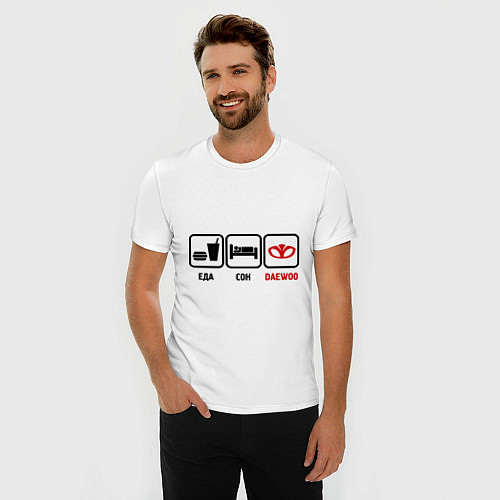 Мужская slim-футболка Еда, сон и Daewoo / Белый – фото 3