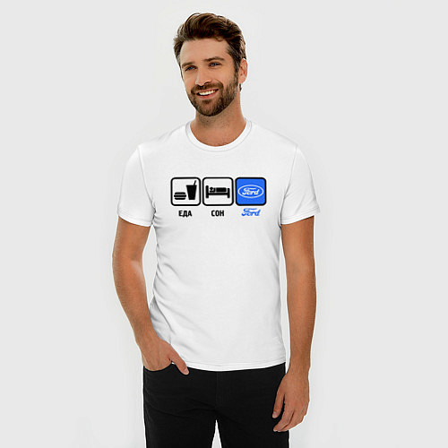 Мужская slim-футболка Еда, сон и Ford / Белый – фото 3
