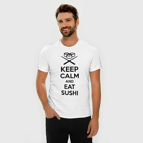 Мужская slim-футболка Keep Calm & Eat Sushi / Белый – фото 3